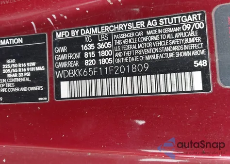 2001 Mercedes-Benz Slk 320 z USA, uszkodzony, nr VIN WDBKK65F11F201809